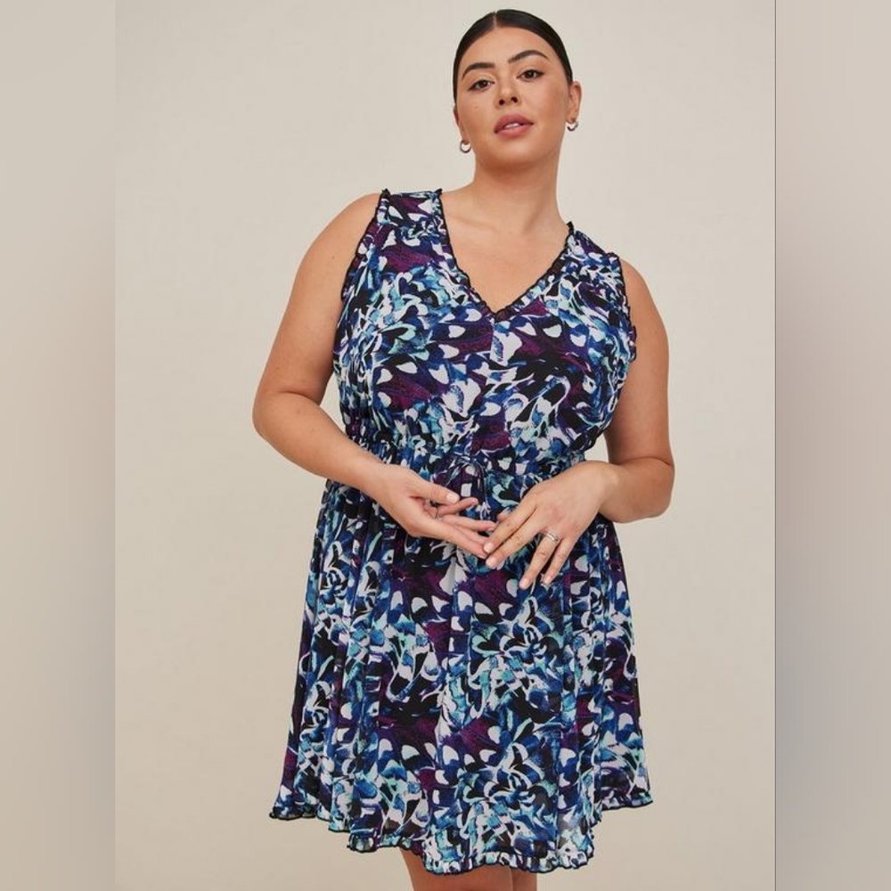 Torrid Mini Chiffon Ruffle Dress Floral Deep Black and Blue V Neck Size 1X